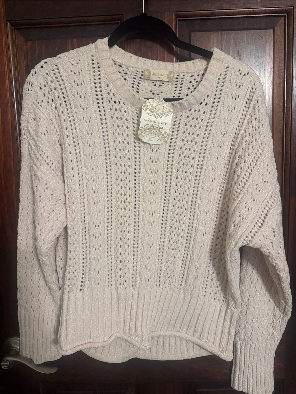 Altar'd State Open-Knit Cream Crewneck Sweater